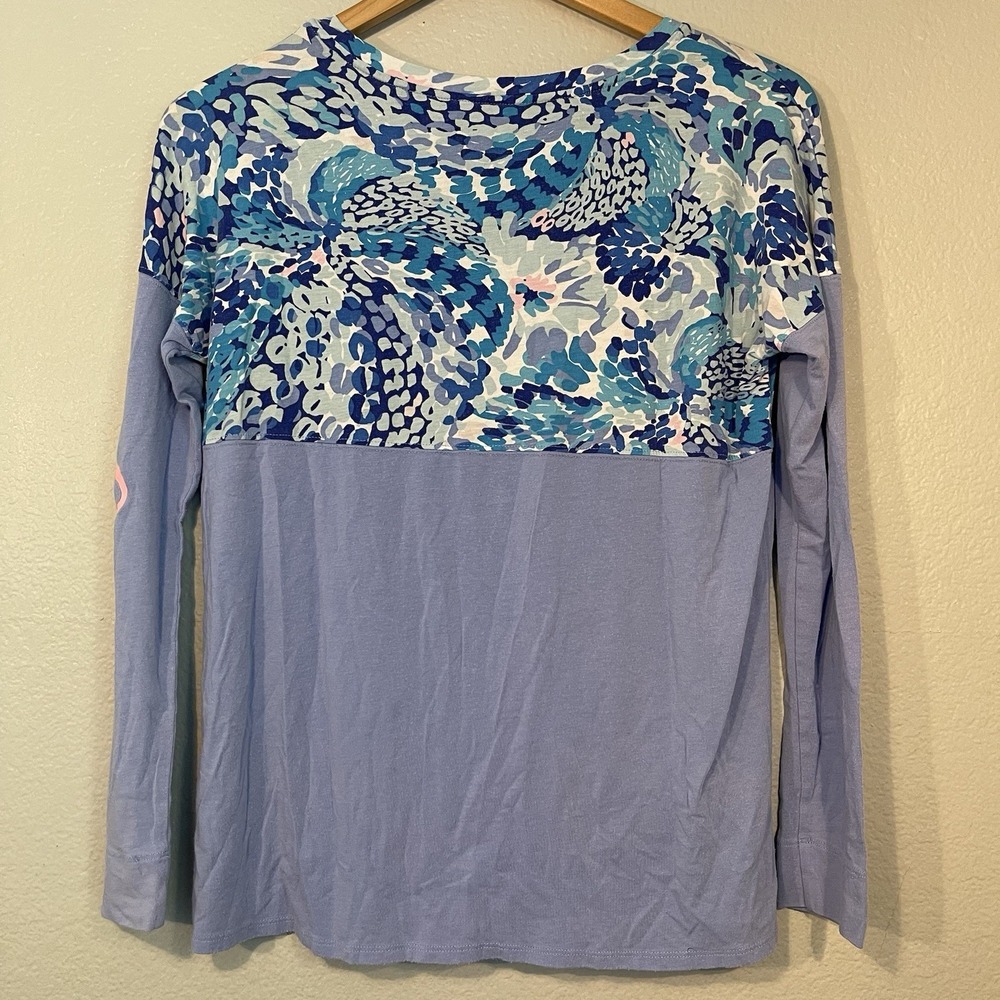 Lilly Pulitzer XS Long Sleeve Shirt Purple Floral Color Block Graphic Sleeve - Picture 7 of 9